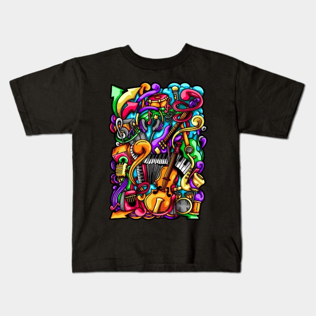 Music Doodle Illustration Kids T-Shirt by Kincrevstudio